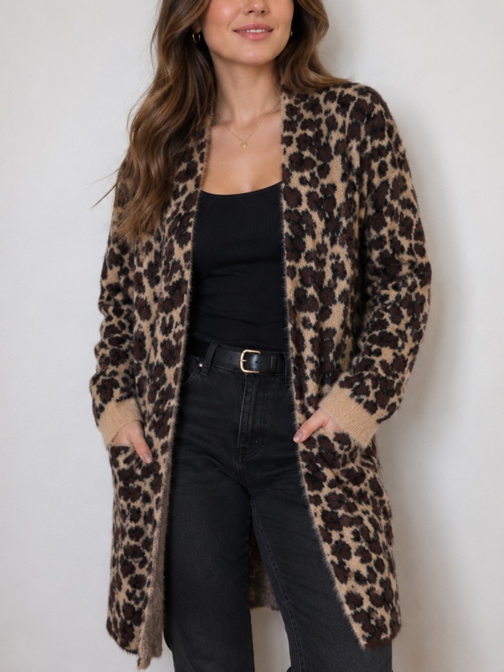 Cyrus Leopard Print Open-Front Long Cardigan in Brown and Black